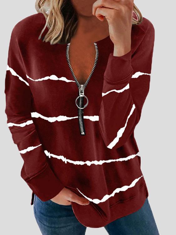 Women's T-Shirts Striped Zipper V-Neck Long Sleeve Loose T-Shirt