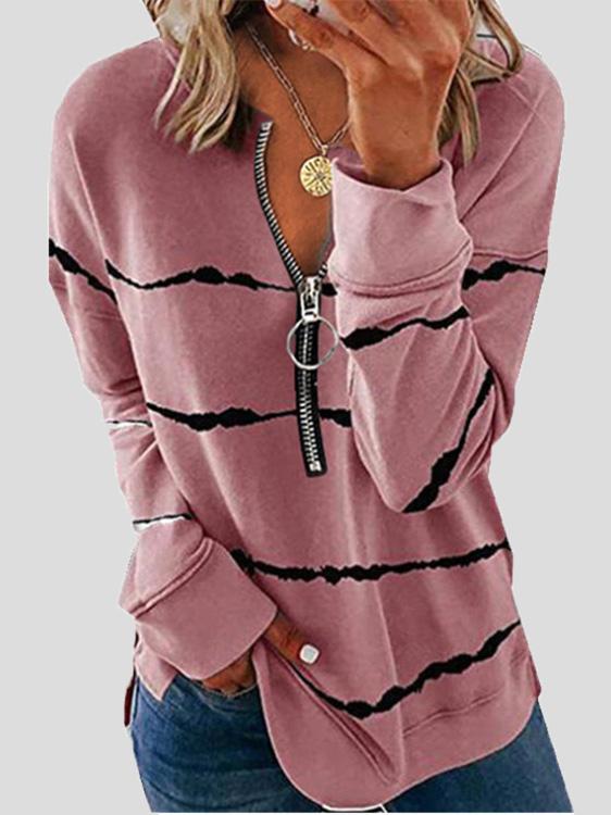 Women's T-Shirts Striped Zipper V-Neck Long Sleeve Loose T-Shirt