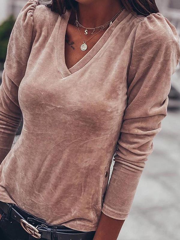 Women's T-Shirts V-Neck Button Split Long Sleeve T-Shirt