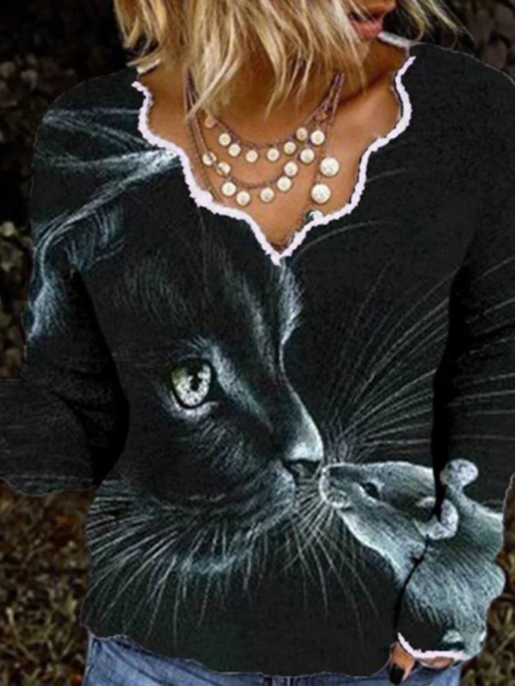 Women's T-Shirts V-Neck Cat And Mouse Print Long Sleeve T-Shirt