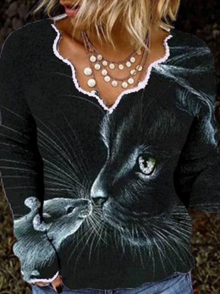 Women's T-Shirts V-Neck Cat And Mouse Print Long Sleeve T-Shirt