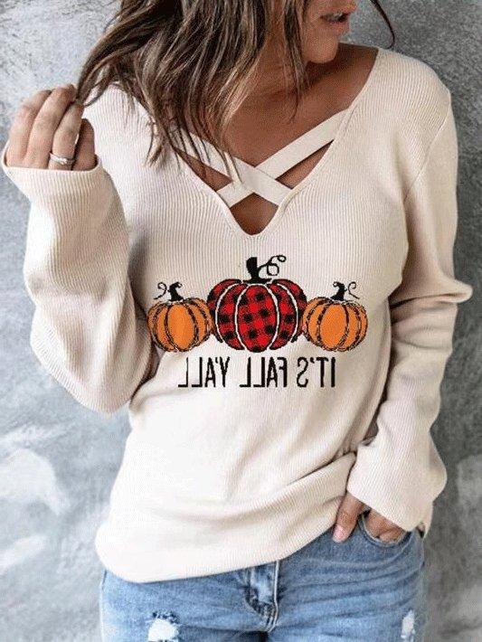 Women's T-Shirts V-Neck Cross Pumpkin Long Sleeve T-Shirt