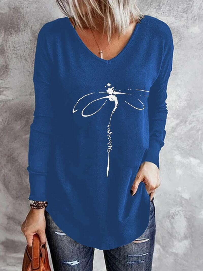 Women's T-Shirts V-Neck Dragonfly Print Long Sleeve T-Shirt