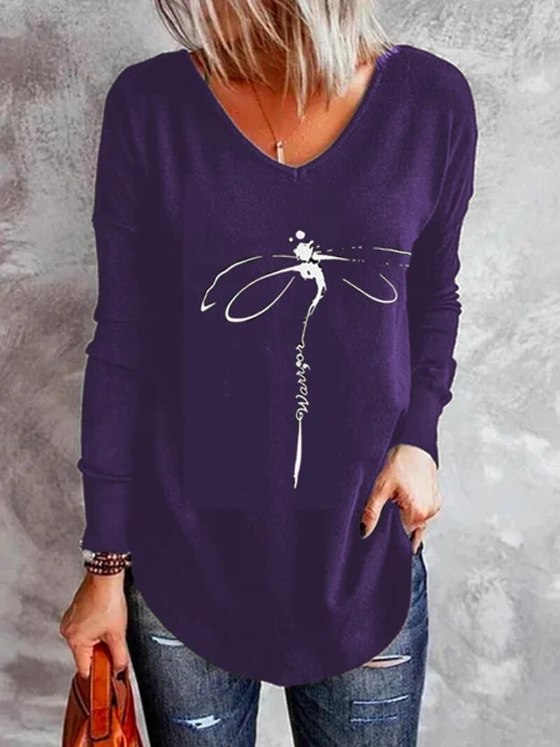 Women's T-Shirts V-Neck Dragonfly Print Long Sleeve T-Shirt