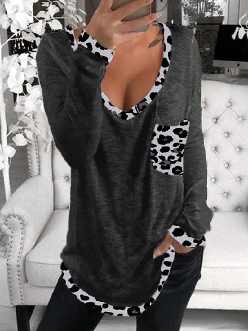 Women's T-Shirts V-Neck Leopard Stitching Pullover Long Sleeve T-Shirt
