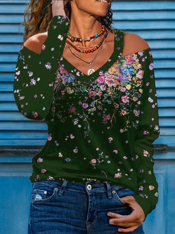 Women's T-Shirts V-Neck Off-Shoulder Printed Long Sleeve T-Shirt