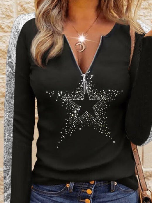 Women's T-Shirts V-Neck Sequin Stitching Star Long Sleeve T-Shirt