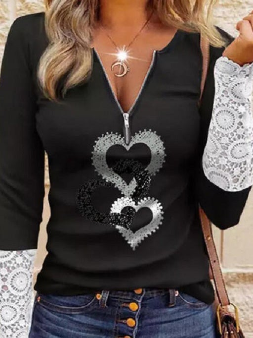 Women's T-Shirts V-Neck Zipper Lace Heart Long Sleeve T-Shirt