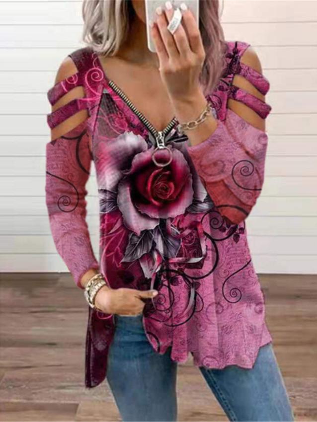 Women's T-Shirts V-Neck Zipper Rose Flower Long Sleeve T-Shirt