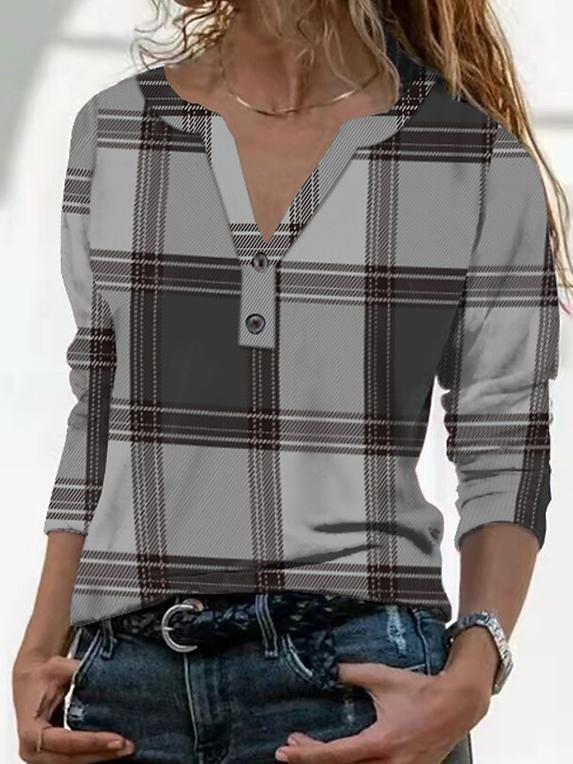 Women's T-Shirts Vintage Check Print V-Neck Button Long Sleeve T-Shirt