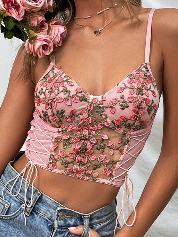 Women's Tank Tops Embroidered Flower Belted Tank Top